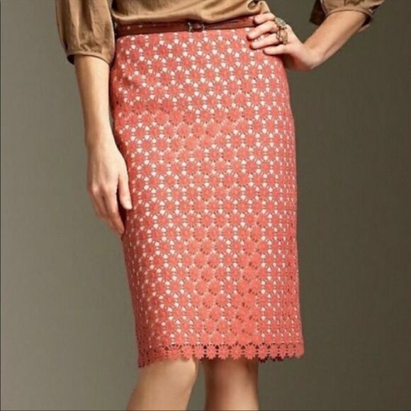 Talbots peach lace flower overlay pencil skirt. 2P - Picture 1 of 7